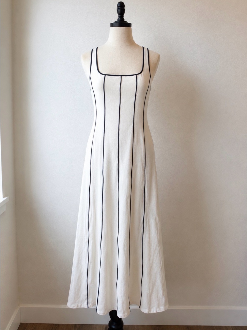 Mango Sleeveless White Summer Dress with Black Vertical Stripes